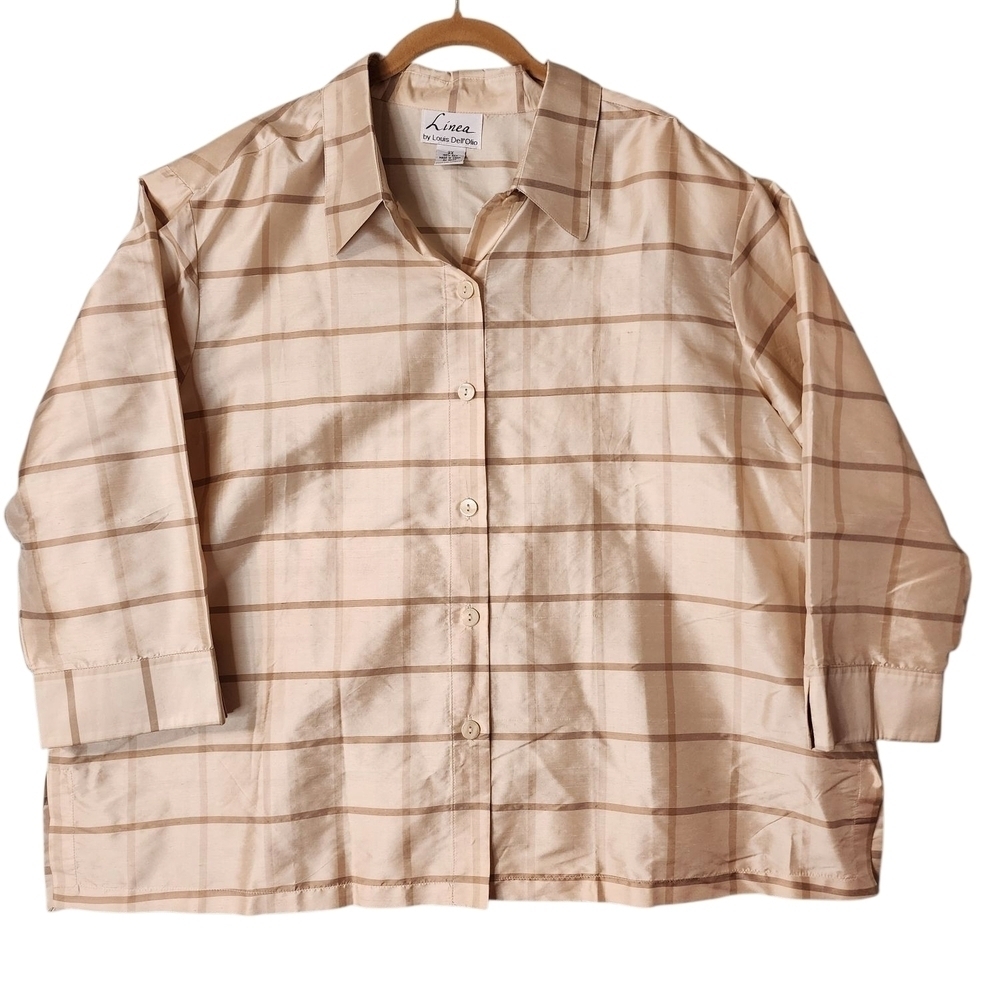 Linea by Louis Dell’Olio 100% Silk Plaid Button Up Shirt Beige Collared